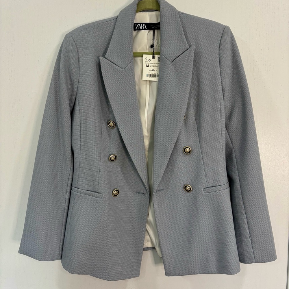 Zara Women's Blue Double Breasted Blazer with Gold/Black Buttons. - Picture 2 of 7